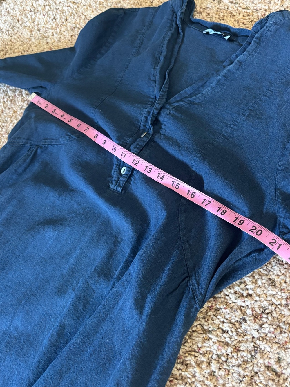 Linen Navy Blue V-Neck Midi Dress - Picture 6 of 7